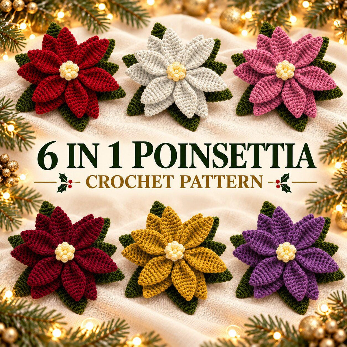 6-in-1 Crochet Poinsettia Pattern PDF, Christmas Flower Applique & Decor