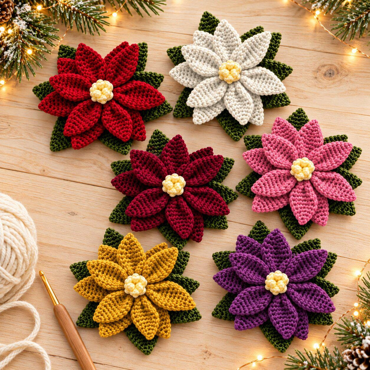 6-in-1 Crochet Poinsettia Pattern PDF, Christmas Flower Applique & Decor